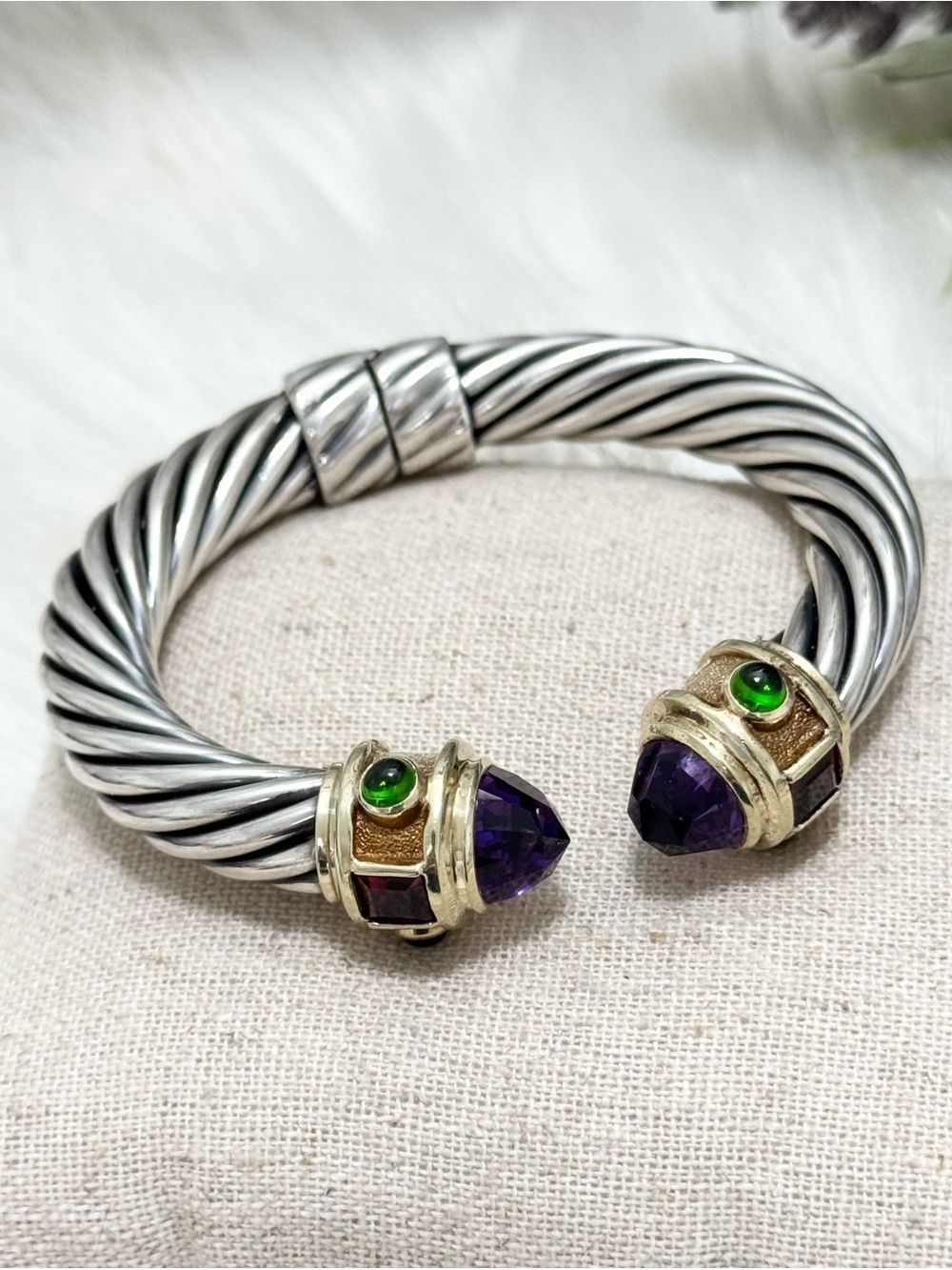 David Yurman 10mm Renaissance Amethyst Pink Tourmaline Emerald Cable Bracelet - Picture 16 of 16